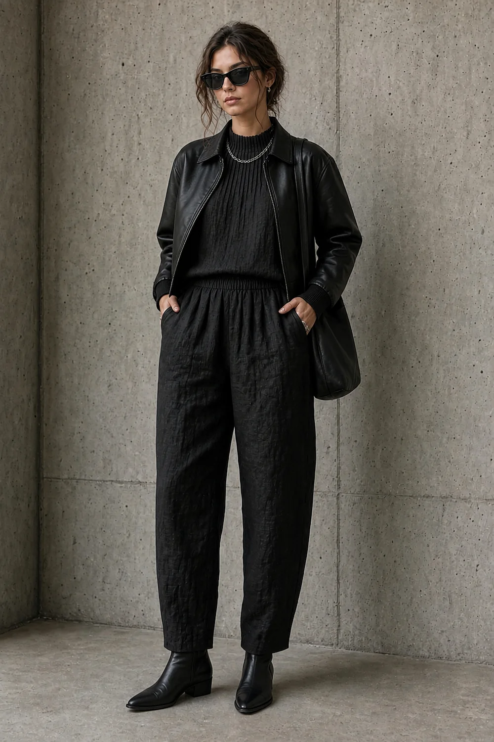 black linen trousers under a leather jacket