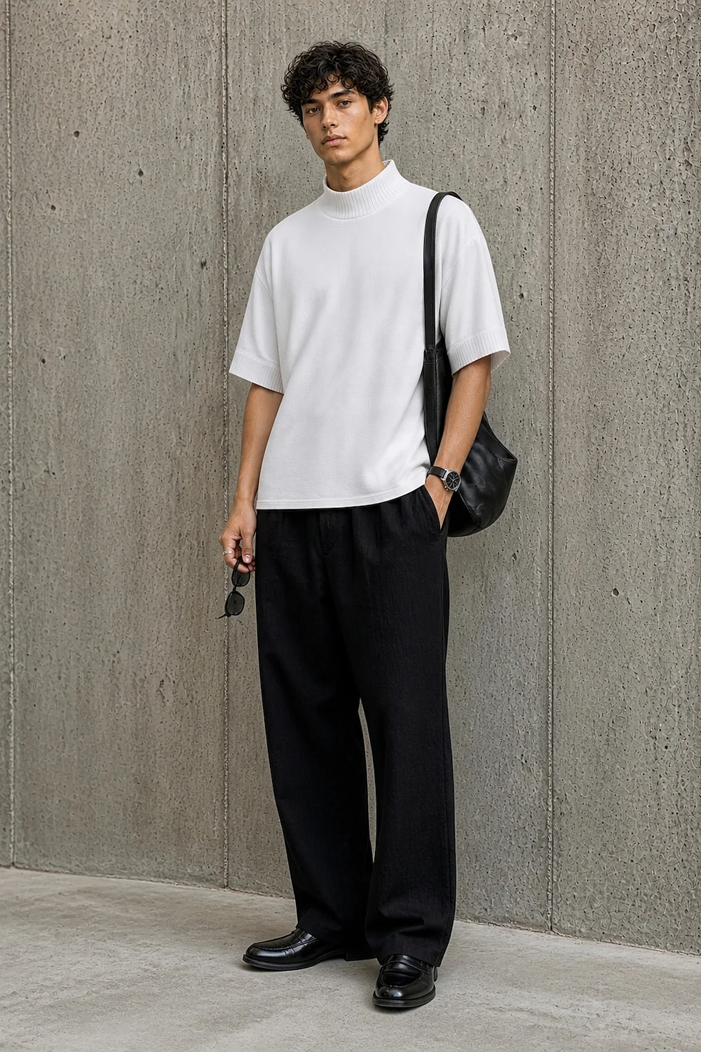 the white cotton mock over black trousers