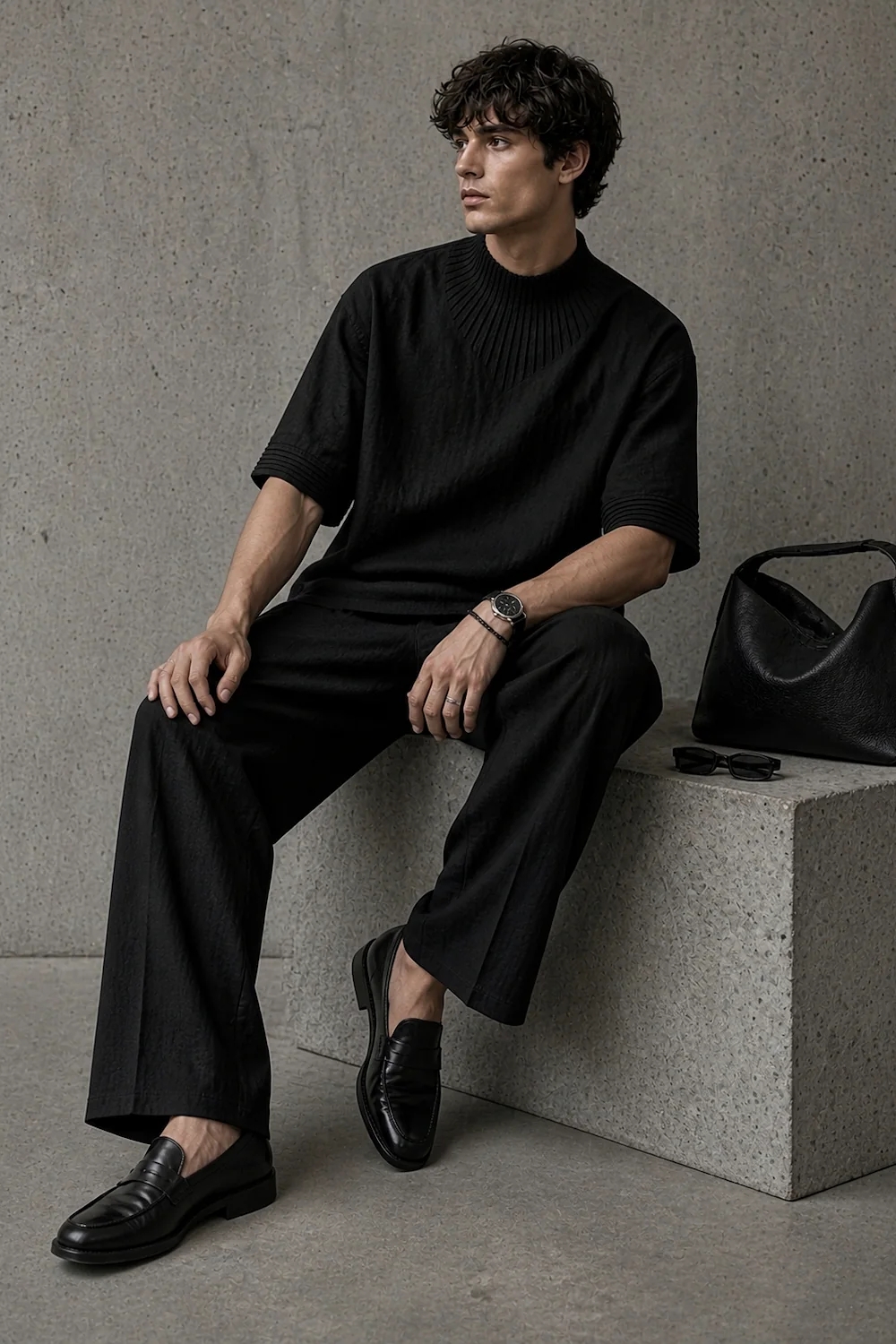 a pleated-yoke top with black trousers, seated
