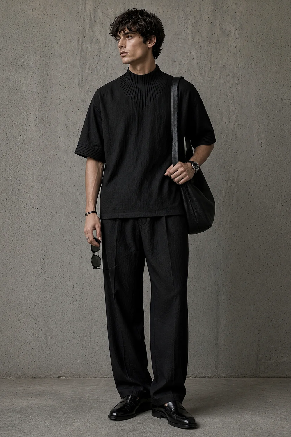 a pleated-yoke top with black trousers