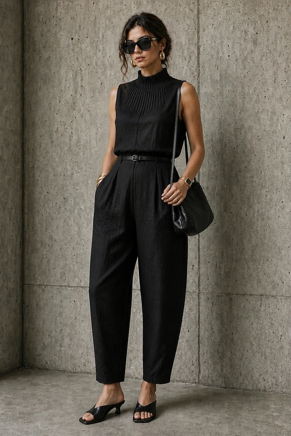 the linen jumpsuit, belted at the waist