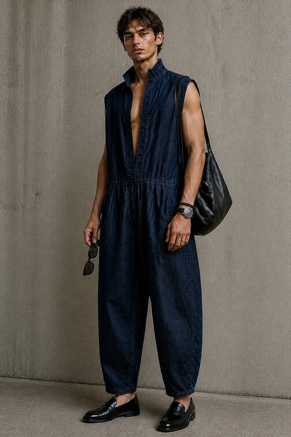 the denim jumpsuit worn open, with a shoulder bag