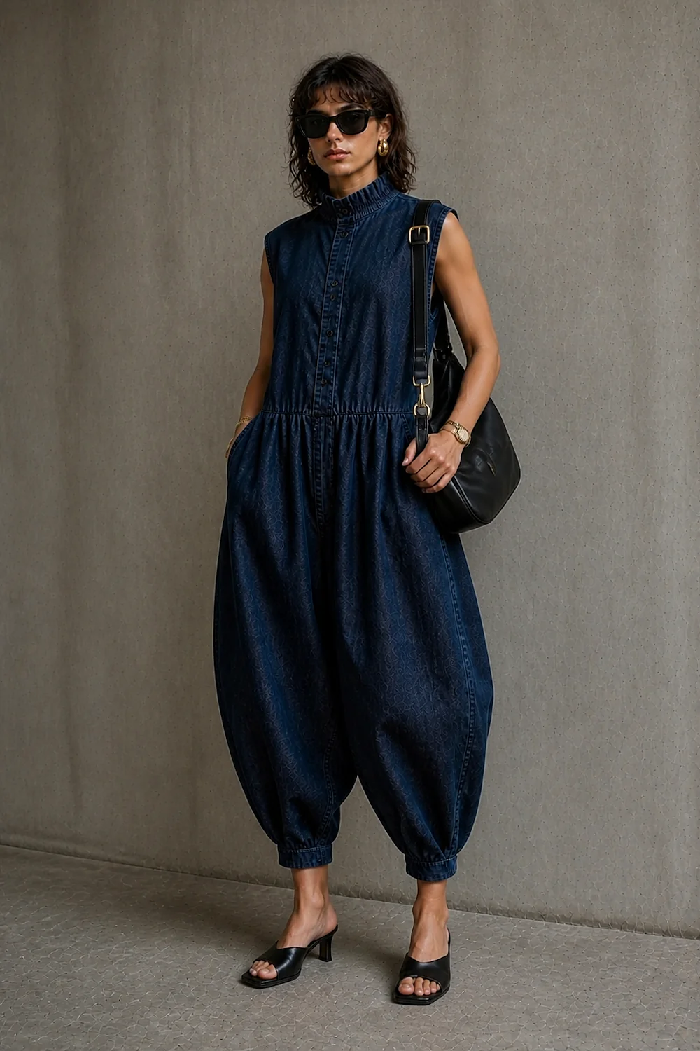 the denim jumpsuit, buttoned to the throat