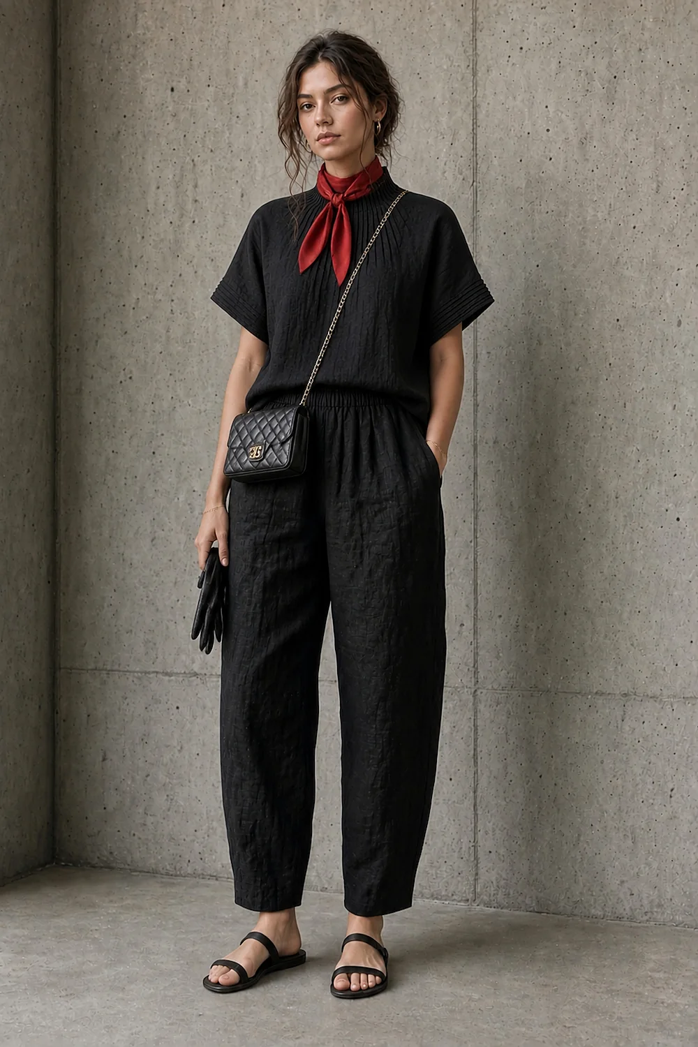black linen trousers with a red neck scarf