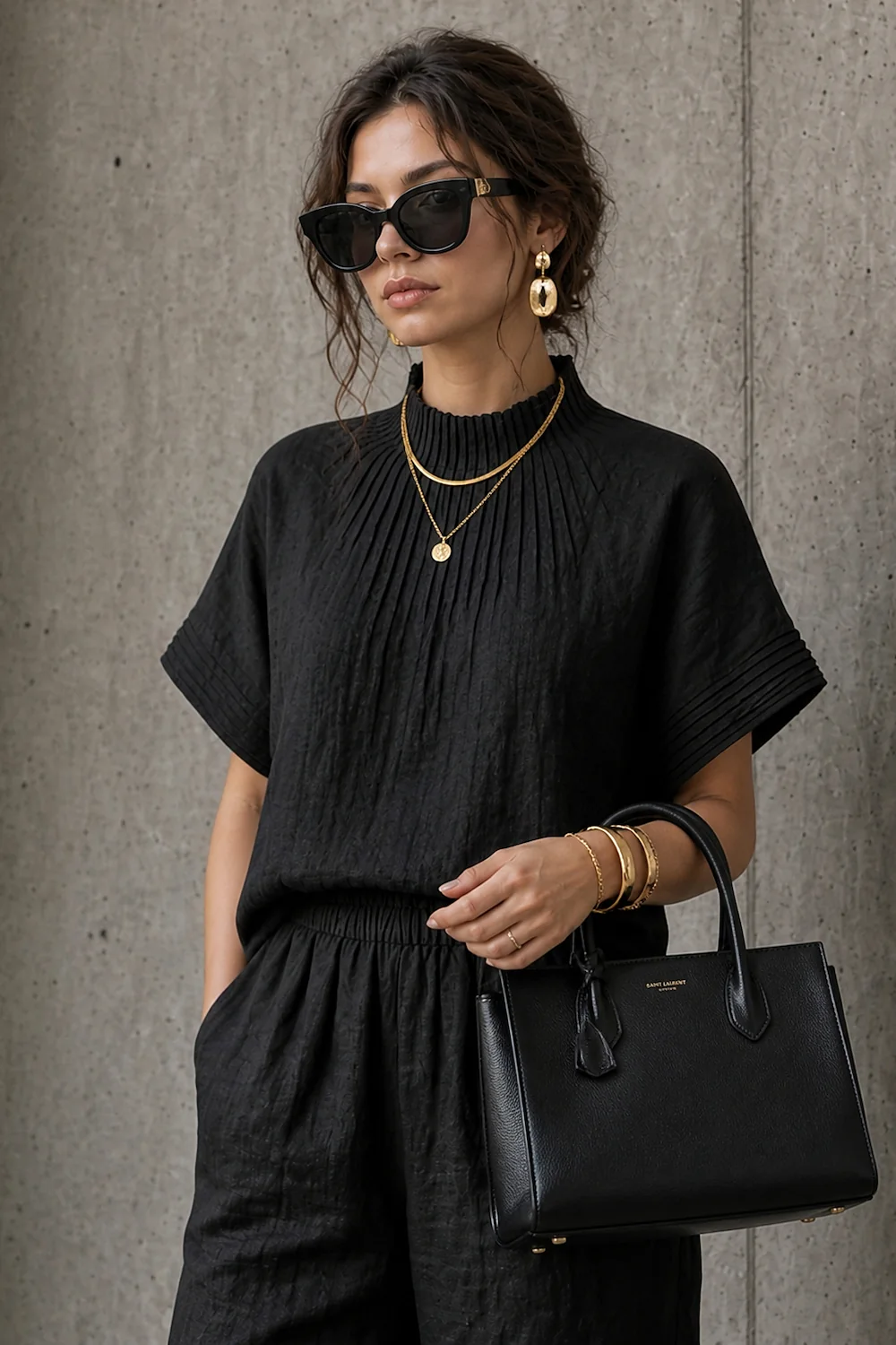 black linen trousers, gathered at the waist