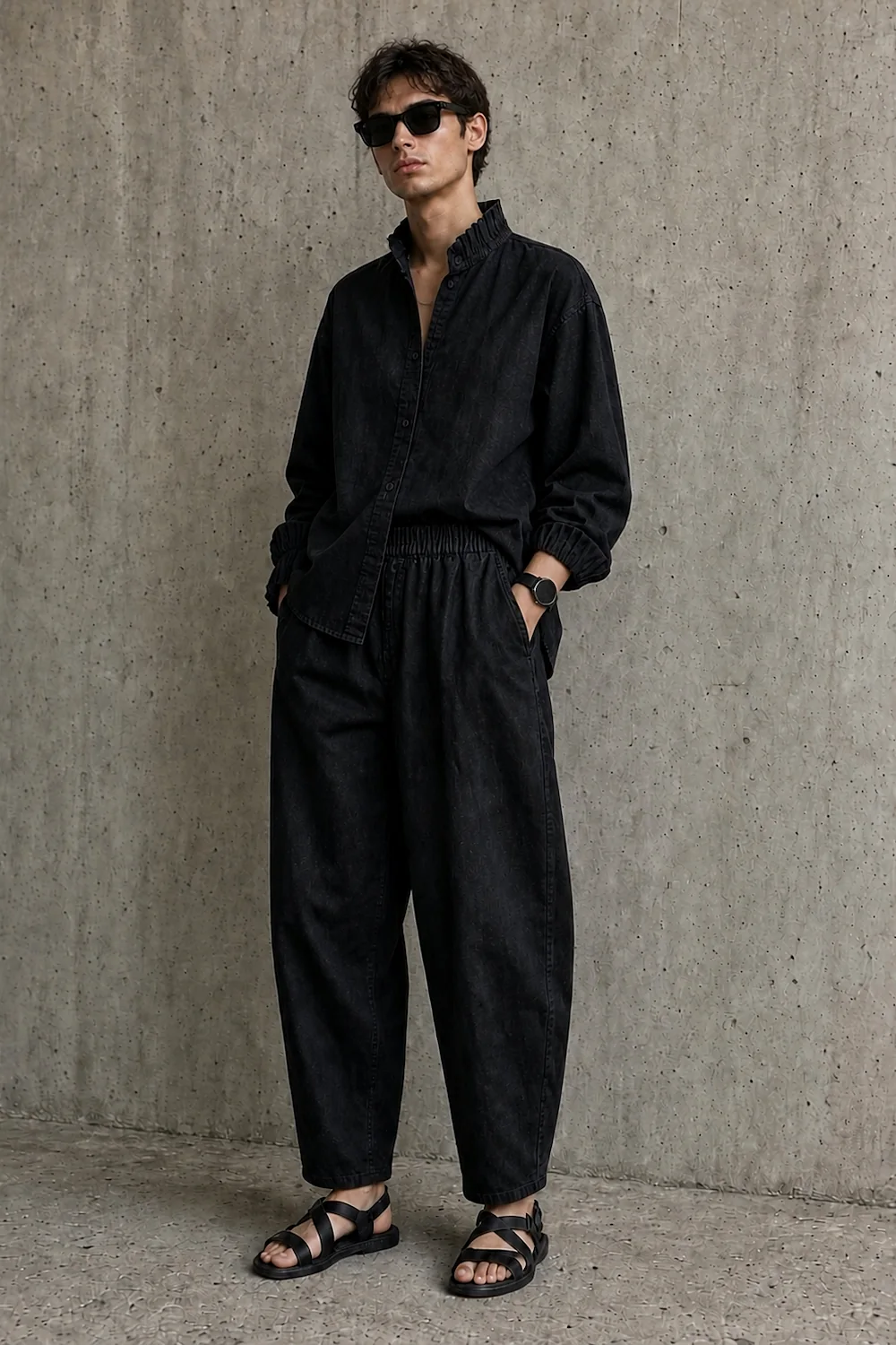 the black denim set, shirt left open