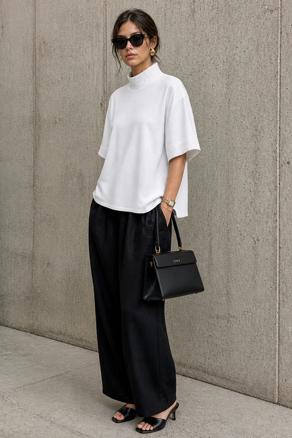 the white cotton mock over black trousers