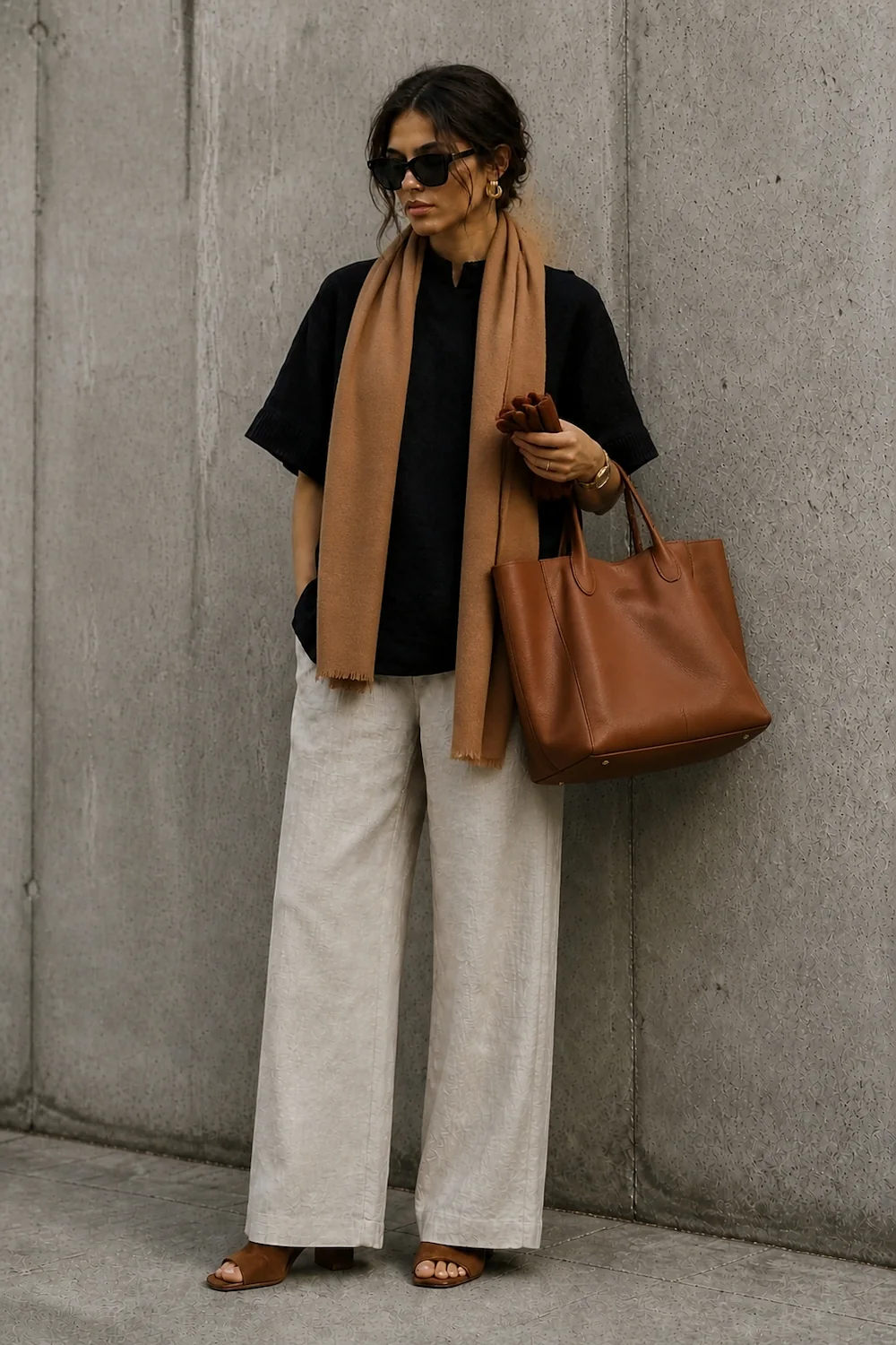the linen split under a camel scarf