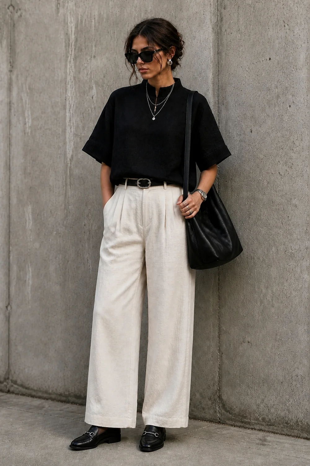 the linen split tucked into undyed linen trousers